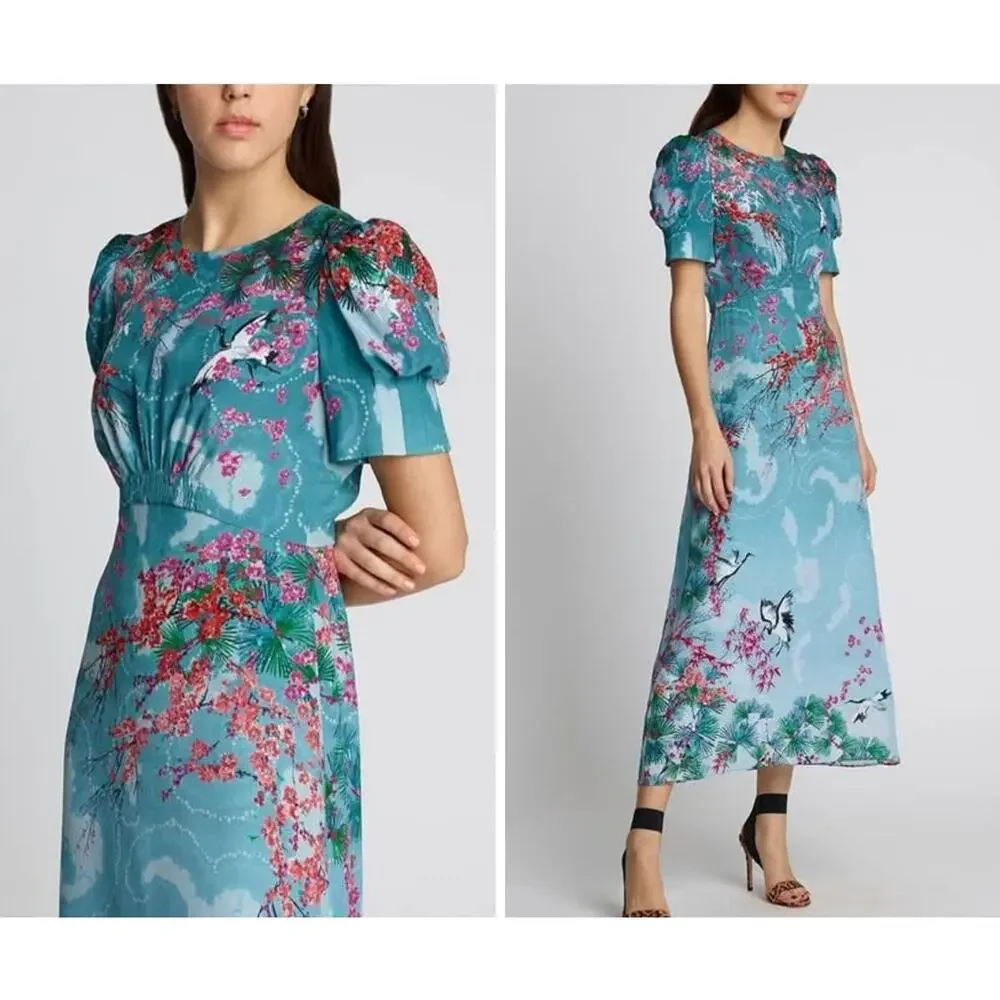 NWT $975 SALONI Bianca Blue Hanami Clouds Pure Silk Jacquard Crepe Chine Dress 4 - Picture 2 of 13